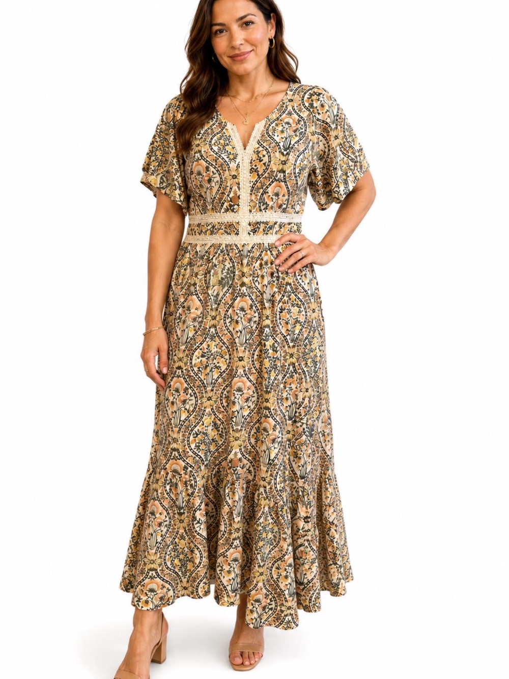 BloomChic, NWT Floral Cottagecore Maxi Dress Lace Trim Boho Size 14/16